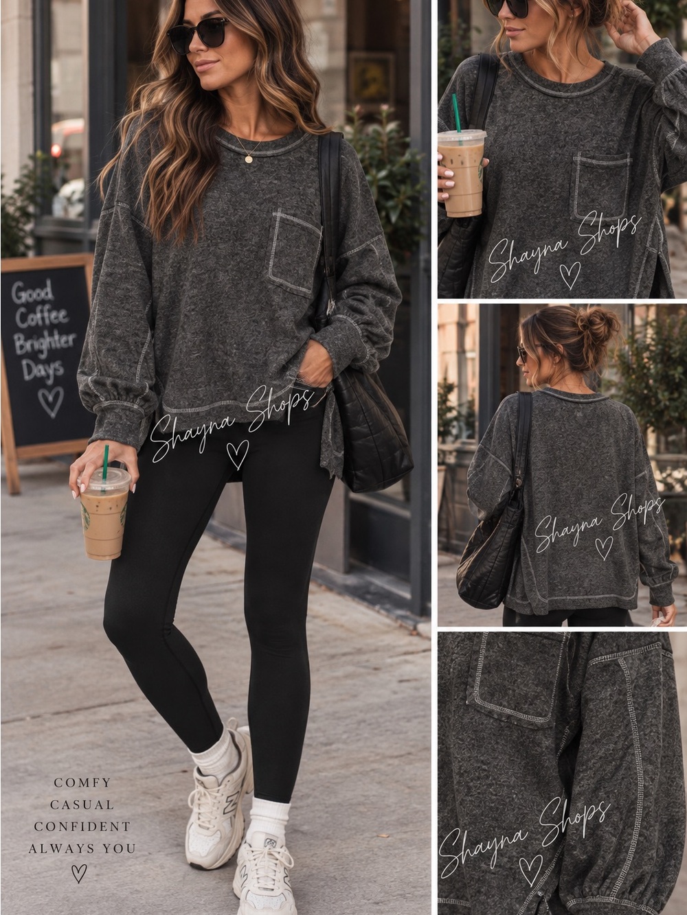 Zenana Super Soft Charcoal Pocket Lightweight Sweatshirt Top